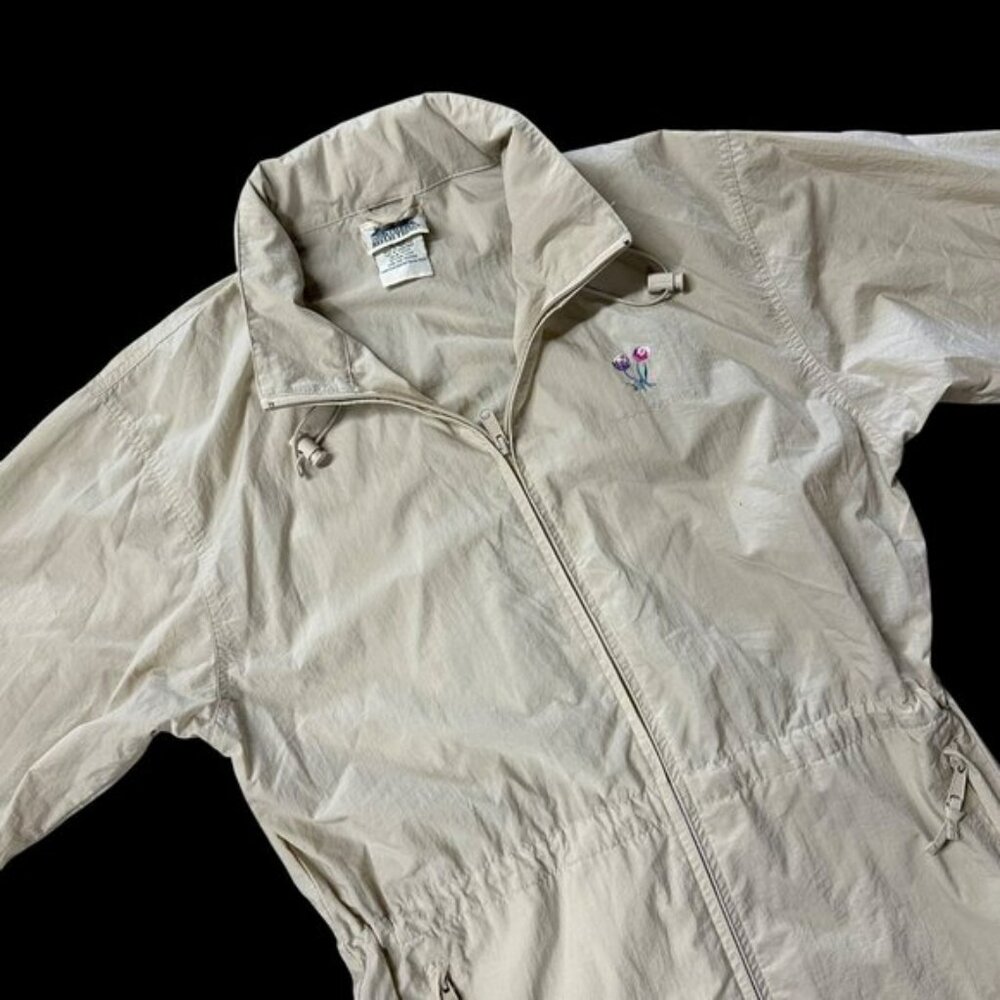 Vintage Windbreaker Jacket 1990s Northern Reflections Beige M Embroidered Tulips